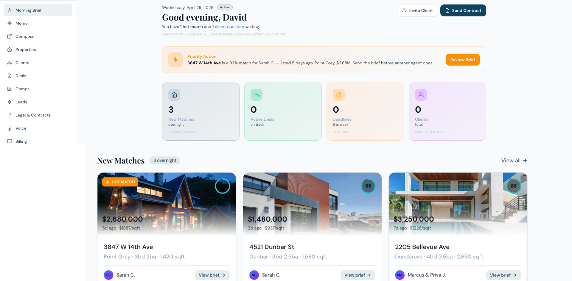 Kotii Morning Brief dashboard - hot match, summary cards, market pulse, new matches grid, upcoming deadlines, price changes, client questions, activity